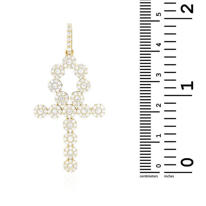14k Yellow Gold 5Ct CZ Cluster Segmented Ankh Cross Pendant