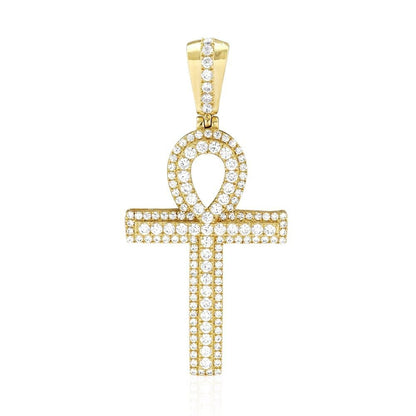14k Solid Yellow Gold 5Ct Created Diamond Egyptian Ankh Cross Pendant