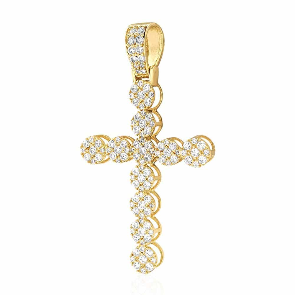 10k Yellow Gold 6Ct CZ Cluster Religious Cross Pendant