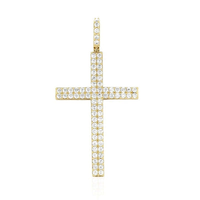 14K Yellow Gold 5Ct CZ Two Row Religious Cross Pendant