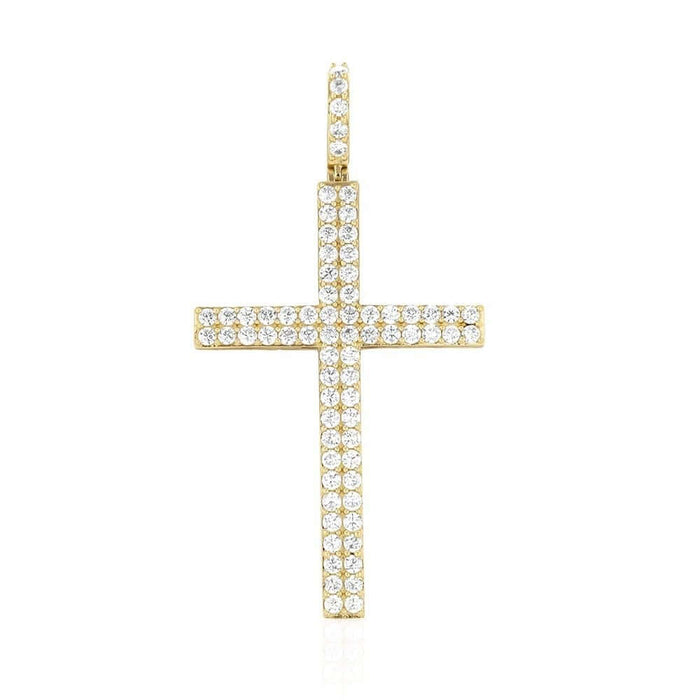 14K Yellow Gold 5Ct CZ Two Row Religious Cross Pendant