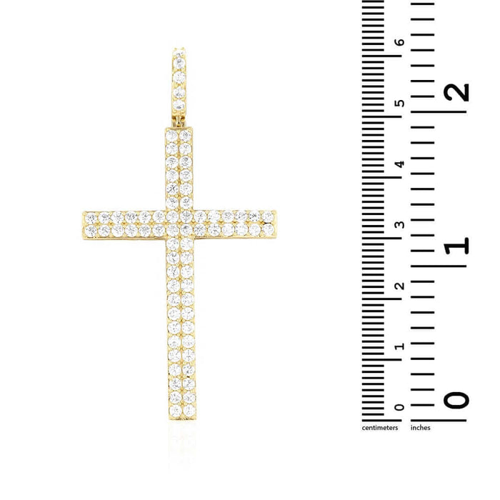 14K Yellow Gold 5Ct CZ Two Row Religious Cross Pendant