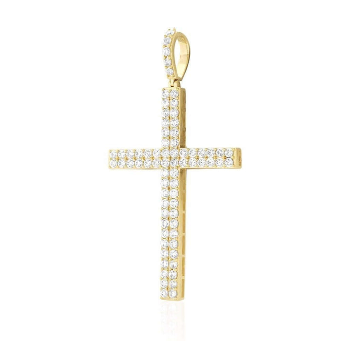 14K Yellow Gold 5Ct CZ Two Row Religious Cross Pendant