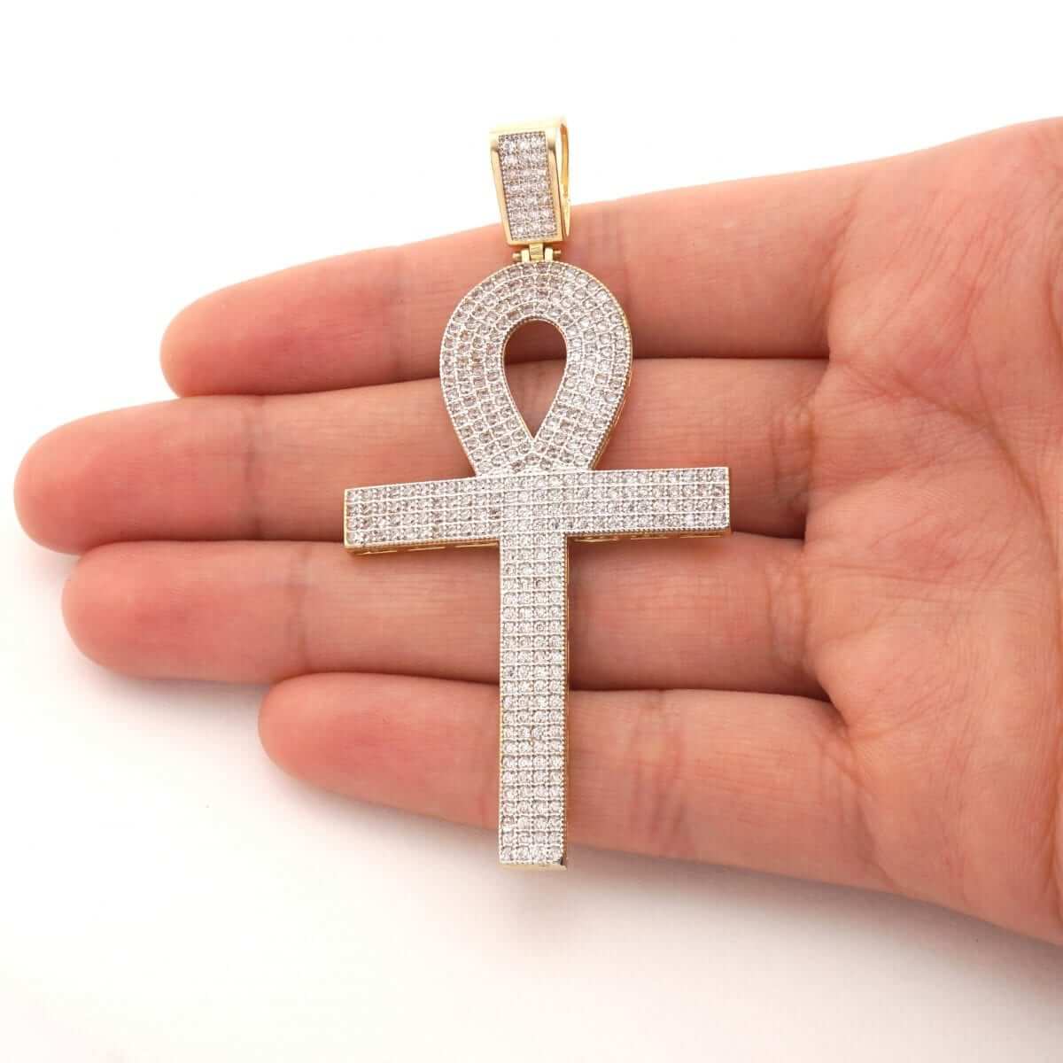 14K Yellow Gold CZ Egyptian Ankh Cross Pendant 2"-2.8"