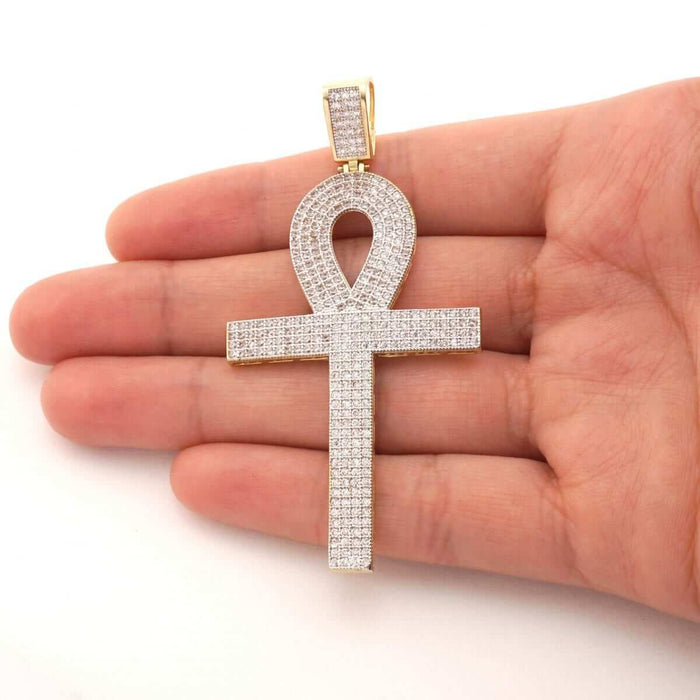 14K Yellow Gold CZ Egyptian Ankh Cross Pendant 2"-2.8"