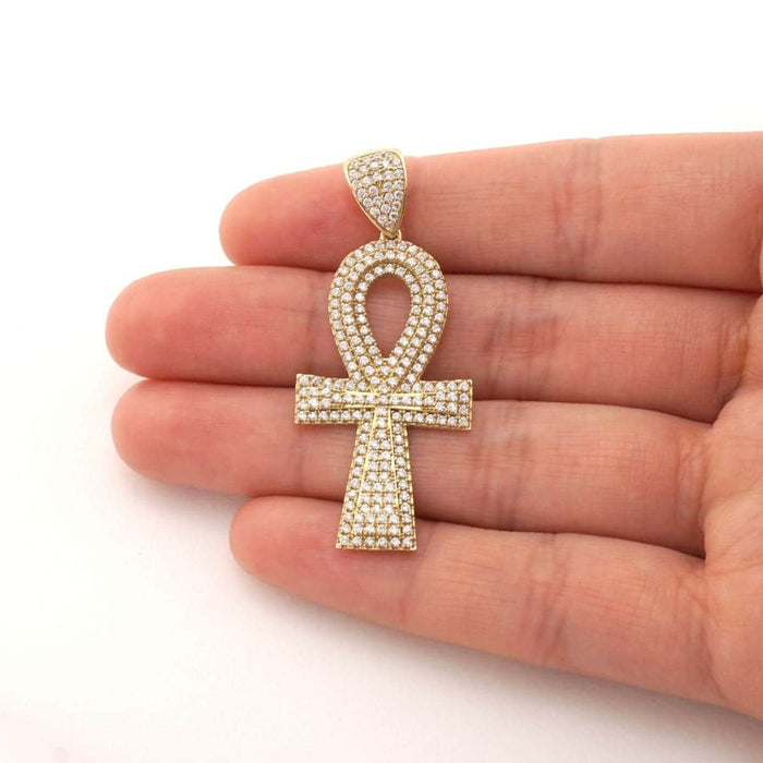 10K Gold 6CTW CZ Encrusted Ankh Cross Egyptian Pendant 1.7"