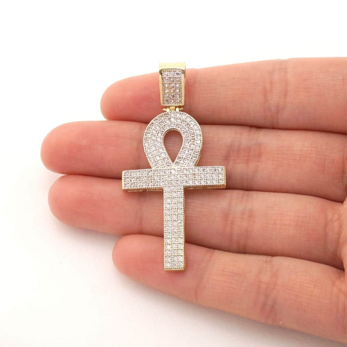 14K Yellow Gold CZ Egyptian Ankh Cross Pendant 2"-2.8"