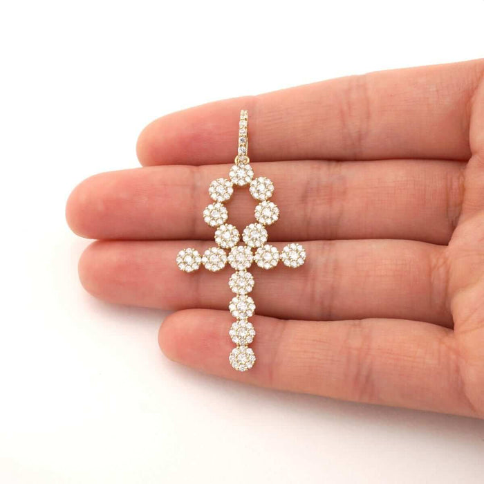 14k Yellow Gold 5Ct CZ Cluster Segmented Ankh Cross Pendant