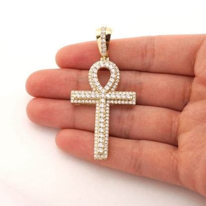 14k Solid Yellow Gold 5Ct Created Diamond Egyptian Ankh Cross Pendant