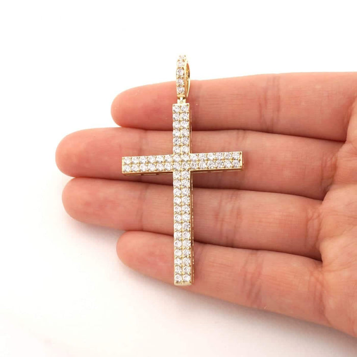14K Yellow Gold 5Ct CZ Two Row Religious Cross Pendant