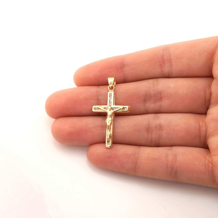 14K Yellow Gold 1Ct CZ Religious Cross Pendant 1.2"