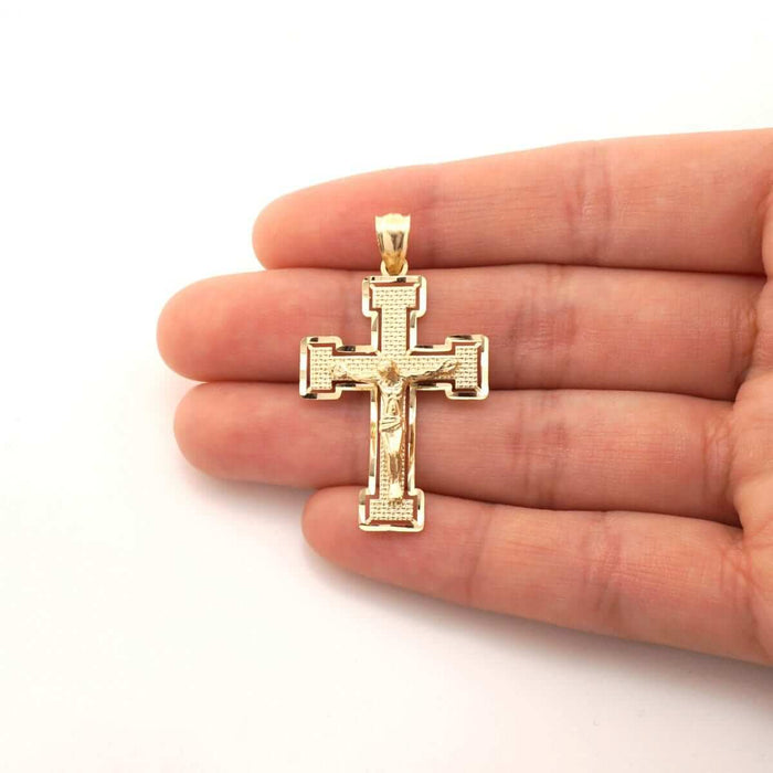 14K Yellow Gold Diamond-Cut Jesus Crucifix Religious Cross Pendant 1.6"