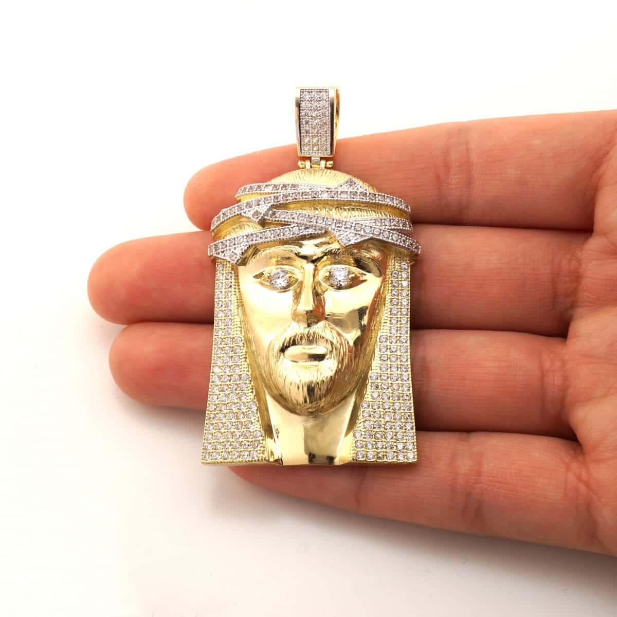 14K Gold CZ Jesus Head Face Religious Pendant