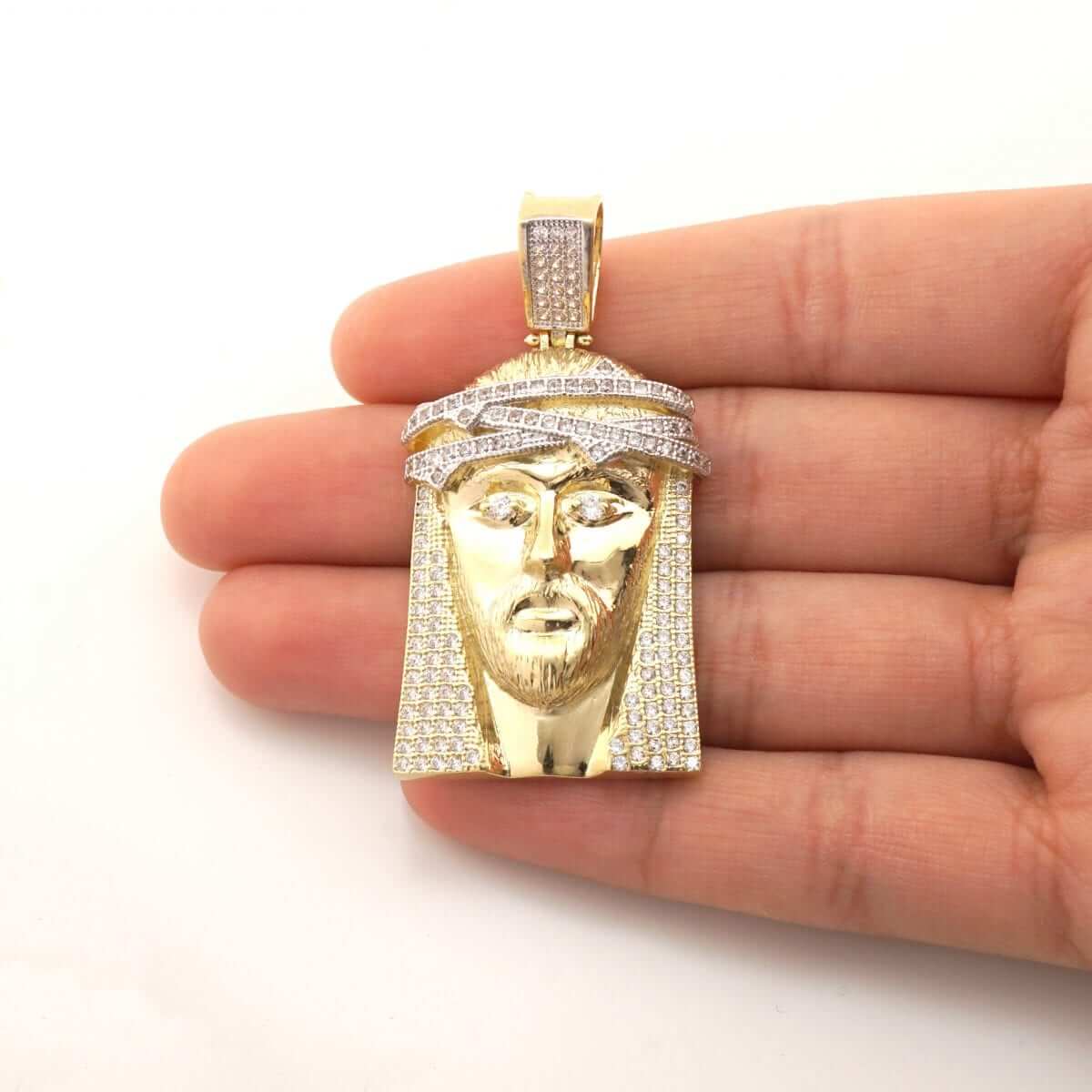 14K Gold CZ Jesus Head Face Religious Pendant