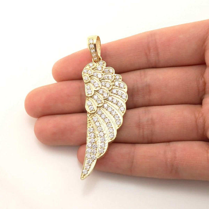 14K Yellow Gold 6Ct CZ Angel Wings Pendant 2.4"