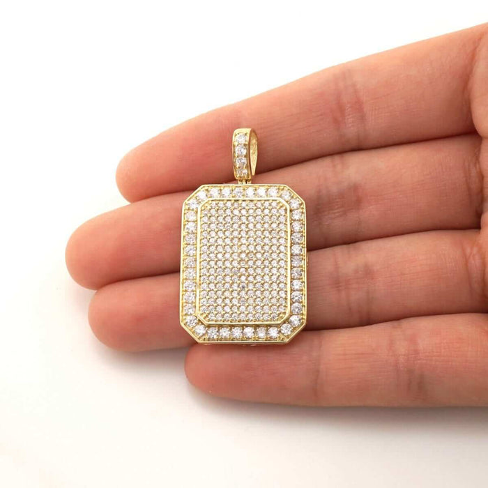 10K Gold 7.50Ct CZ Micro Pave Dog Tag Pendant 1.6"