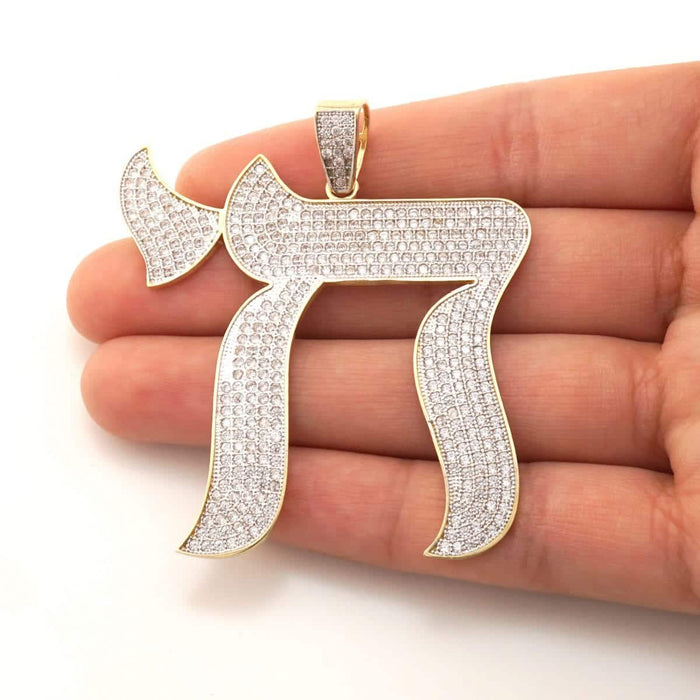 14K Gold CZ Chai Symbol Jewish Religious Pendant