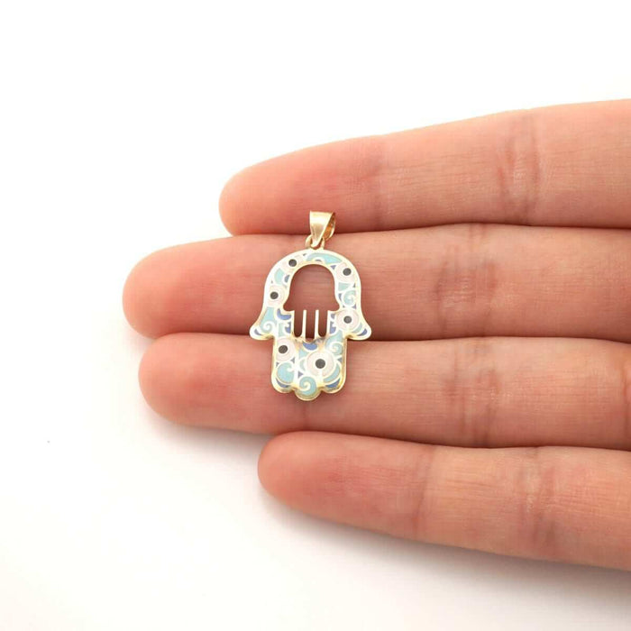 10k Yellow Gold Blue Enamel Evil Eye Swirl Hamsa Hand Of Fatima Pendant