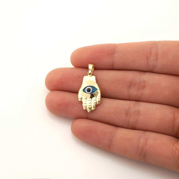 14k Yellow Gold Evil Eye Hamsa Hand Of Fatima Pendant 1"