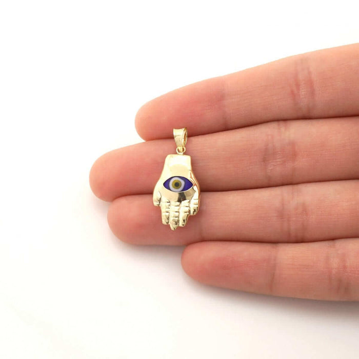 14k Yellow Gold Evil Eye Hamsa Hand Of Fatima Pendant 1"