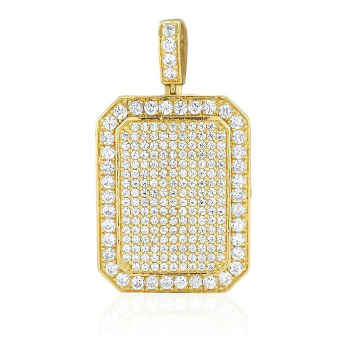 10K Gold 7.50Ct CZ Micro Pave Dog Tag Pendant 1.6"