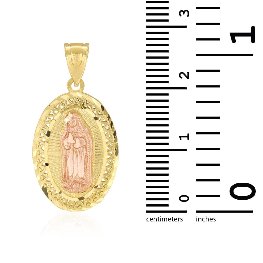 14k Solid Yellow Rose Gold Diamond Cut Our Lady Of Guadalupe Oval Charm Pendant