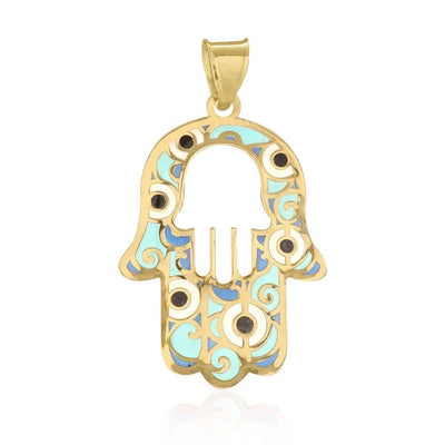 10k Yellow Gold Blue Enamel Evil Eye Swirl Hamsa Hand Of Fatima Pendant