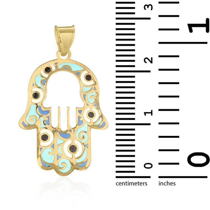 10k Yellow Gold Blue Enamel Evil Eye Swirl Hamsa Hand Of Fatima Pendant