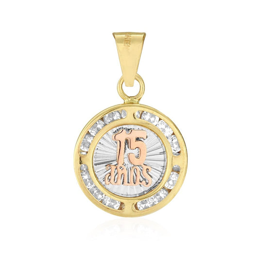 14k Yellow Rose White Gold CZ 15 Años Round Anniversary Pendant