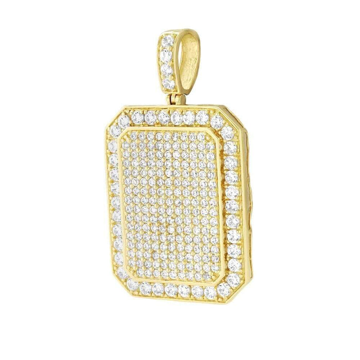 10K Gold 7.50Ct CZ Micro Pave Dog Tag Pendant 1.6"
