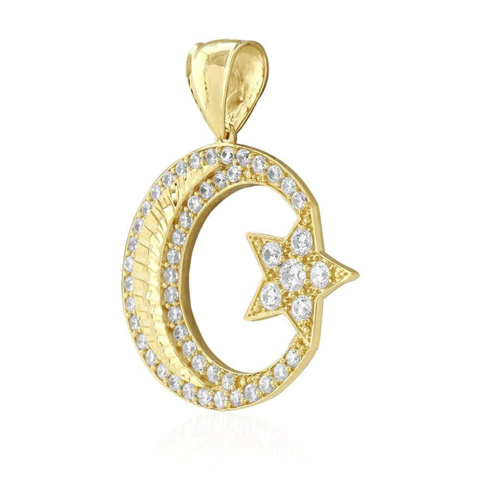 14K Yellow Gold 4.5Ct CZ Star Crescent Religious Pendant 1.6"