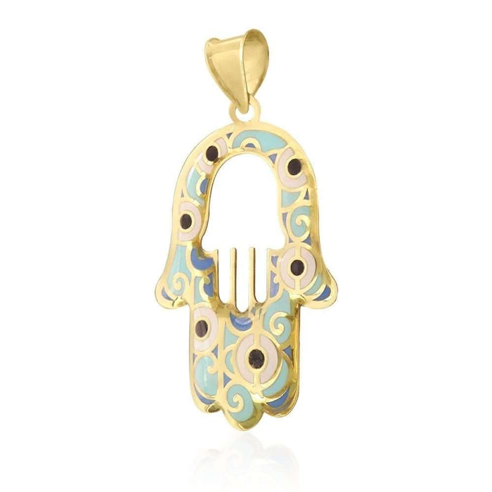 10k Yellow Gold Blue Enamel Evil Eye Swirl Hamsa Hand Of Fatima Pendant