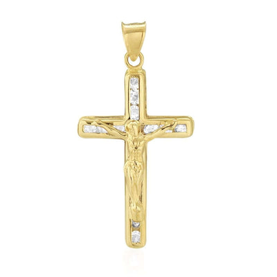 14K Yellow Gold 1Ct CZ Religious Cross Pendant 1.2"
