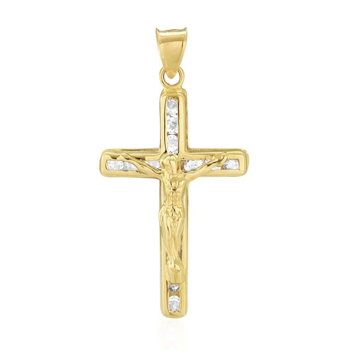 14K Yellow Gold 1Ct CZ Religious Cross Pendant 1.2"