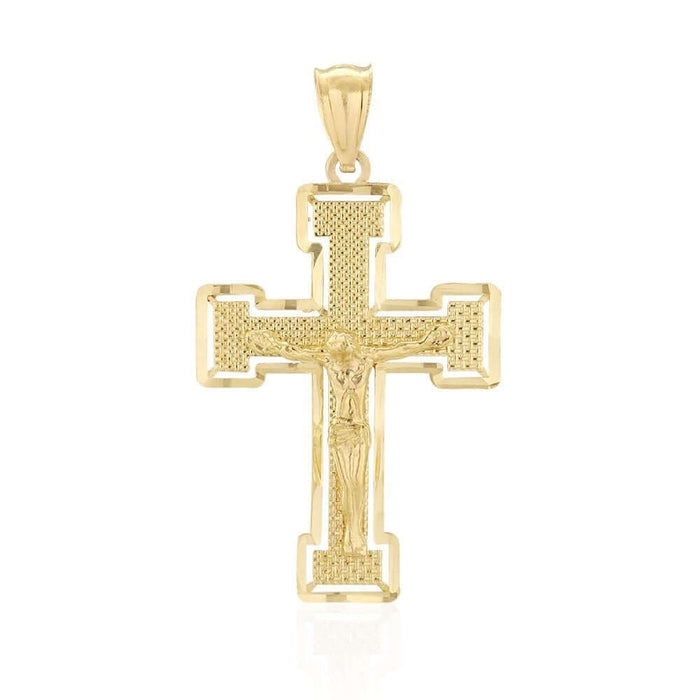 14K Yellow Gold Diamond-Cut Jesus Crucifix Religious Cross Pendant 1.6"