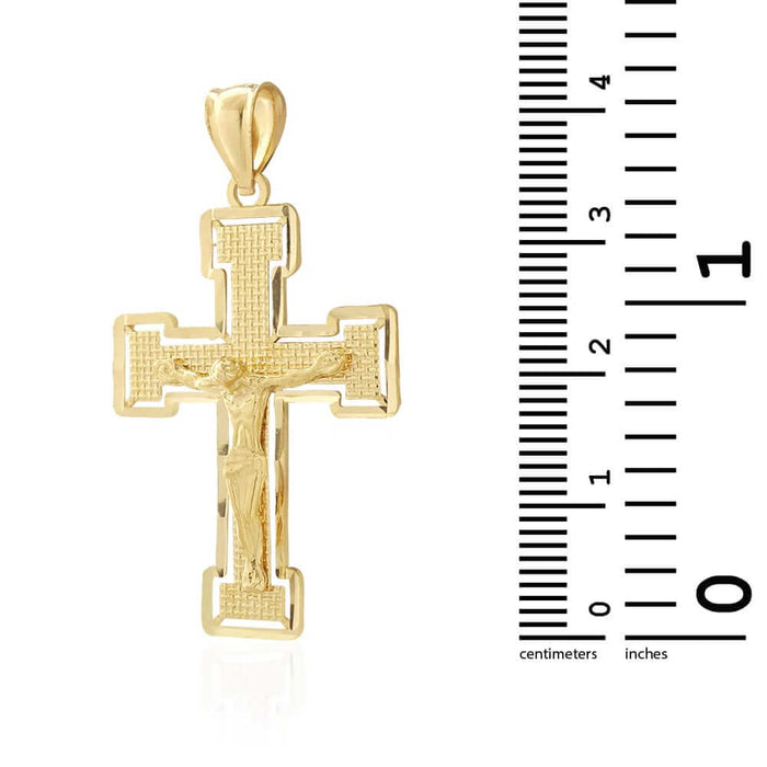 14K Yellow Gold Diamond-Cut Jesus Crucifix Religious Cross Pendant 1.6"