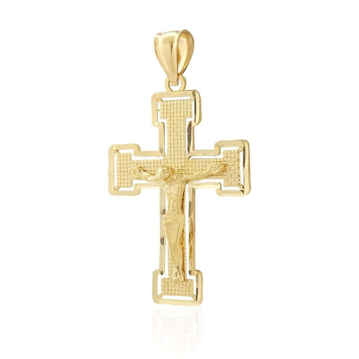 14K Yellow Gold Diamond-Cut Jesus Crucifix Religious Cross Pendant 1.6"
