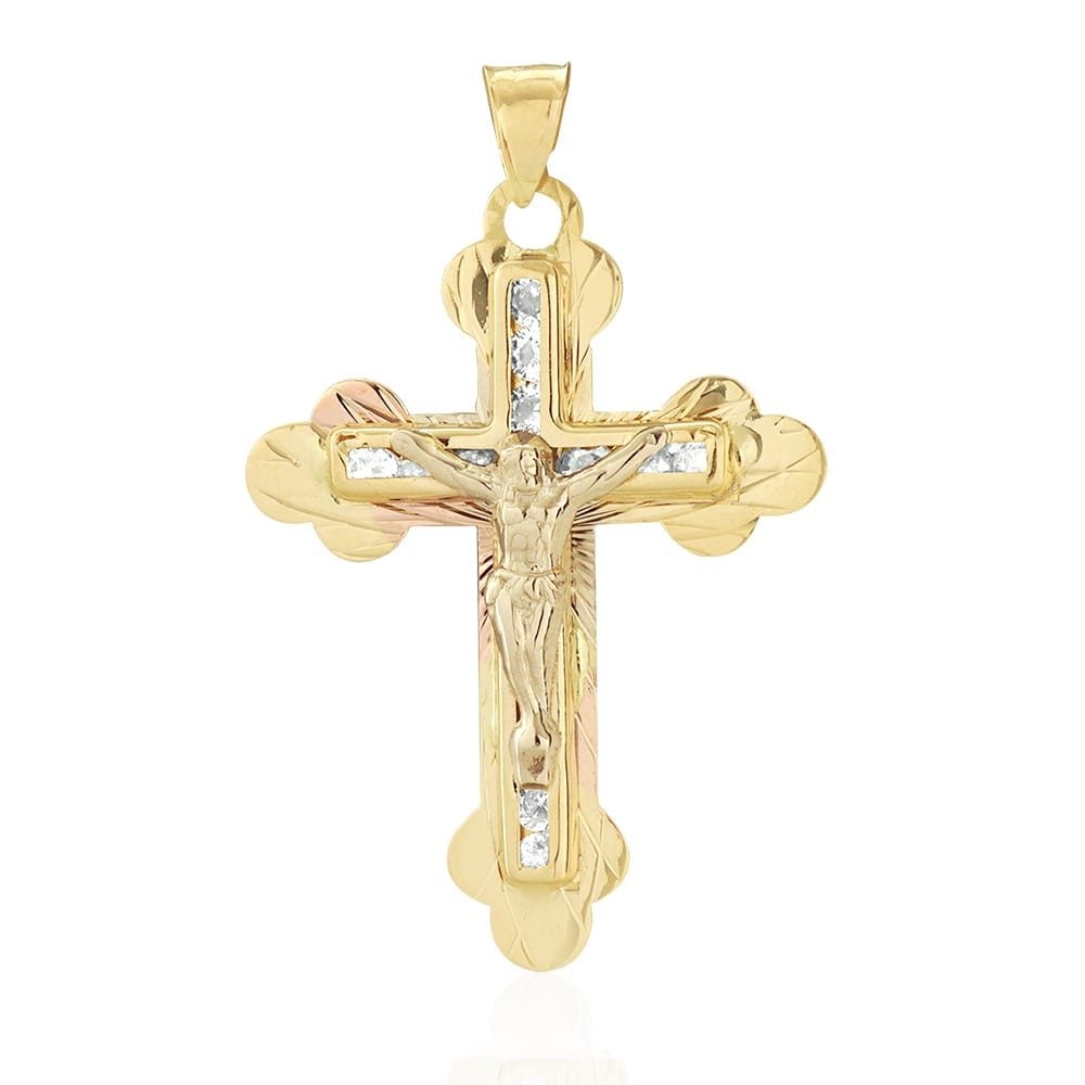 14k Solid Yellow Gold 1Ct CZ Jesus Crucifix Cross Pendant 1.6"