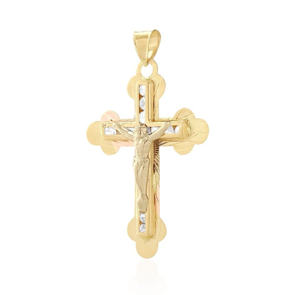 14k Solid Yellow Gold 1Ct CZ Jesus Crucifix Cross Pendant 1.6"