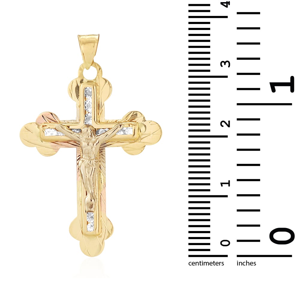 14k Solid Yellow Gold 1Ct CZ Jesus Crucifix Cross Pendant 1.6"