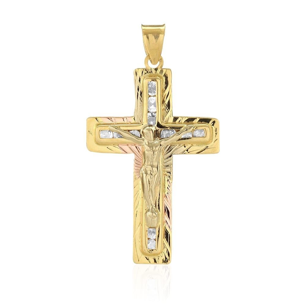 14k Yellow Gold 1Ct Created Diamond Jesus Crucifix Cross Pendant