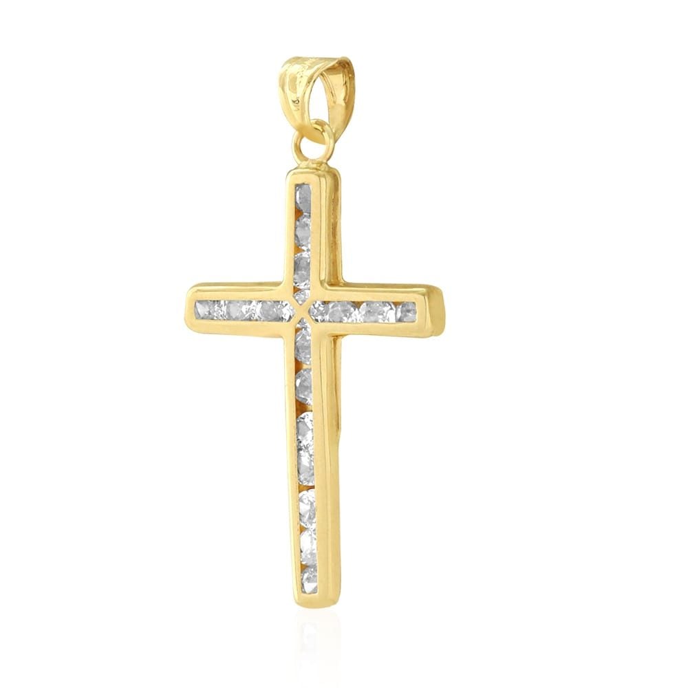 14k Solid Yellow Gold CZ Christian Cross Pendant