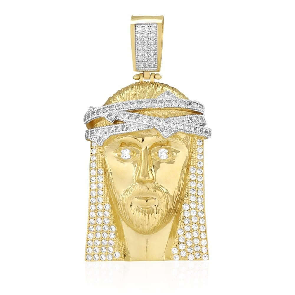 14K Gold CZ Jesus Head Face Religious Pendant