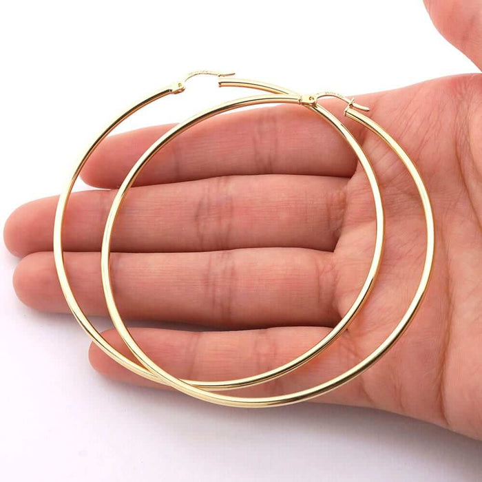 14k Yellow Gold 2mm Thick Plain Hoop Hinged Snapback Earrings 70mm