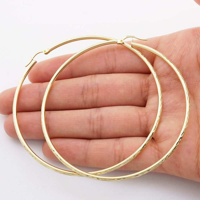 14k Yellow Gold 2mm Thick Textured Diamond-Cut Hoop Earrings