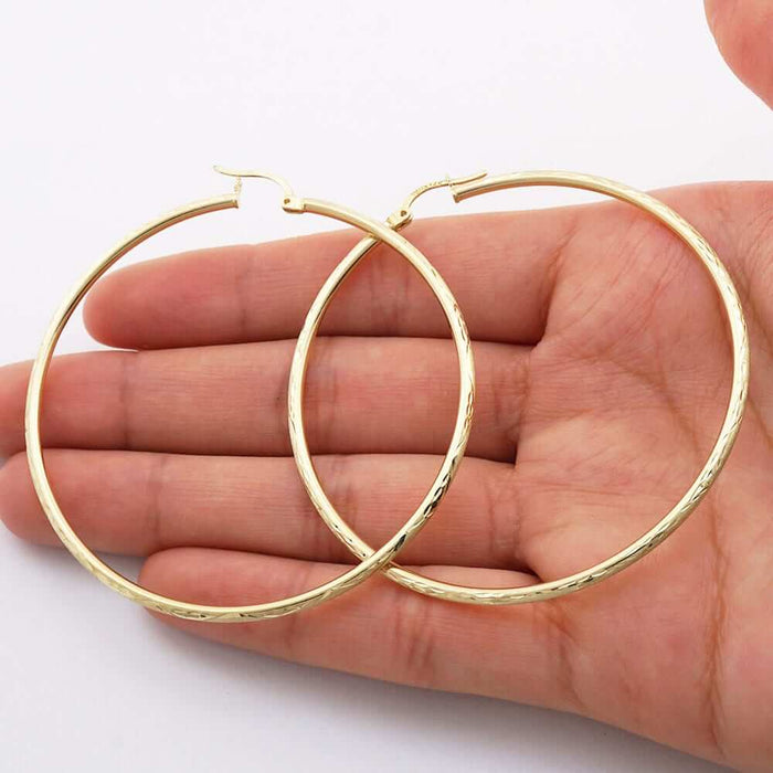 14k Yellow Gold 2mm Thick Textured Diamond-Cut Hoop Earrings