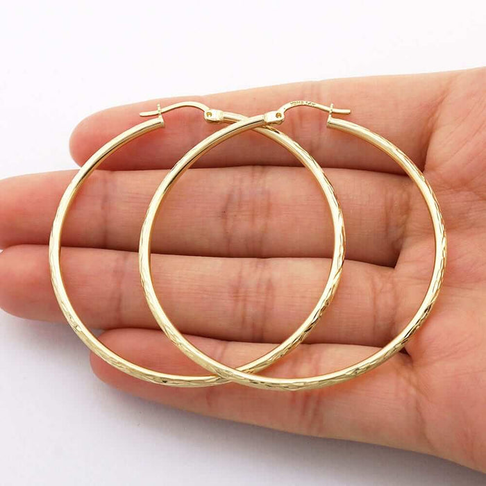 14k Yellow Gold 2mm Thick Textured Diamond-Cut Hoop Earrings