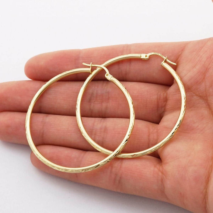 14k Yellow Gold 2mm Thick Textured Diamond-Cut Hoop Earrings