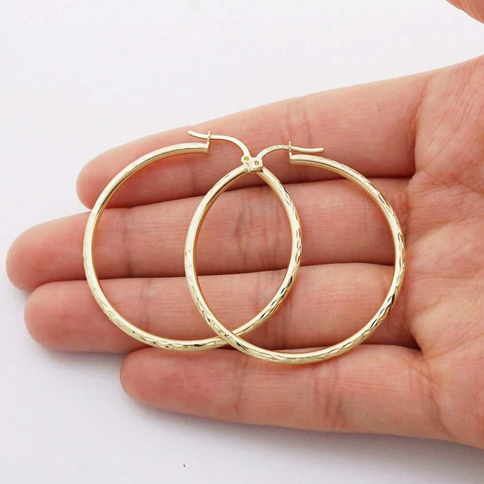 14k Yellow Gold 2mm Thick Textured Diamond-Cut Hoop Earrings
