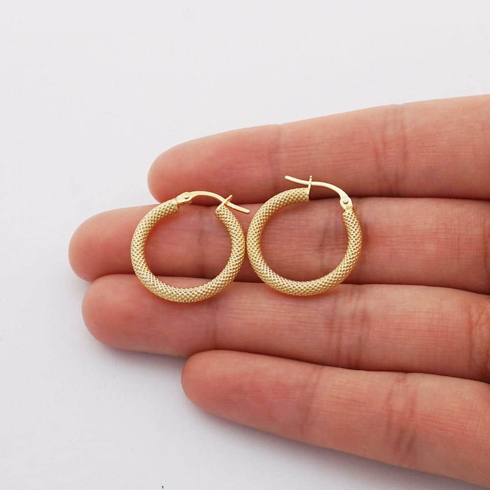 14k Yellow Gold Mesh Style Textured Fancy Hinged Snapback Hoop Earrings